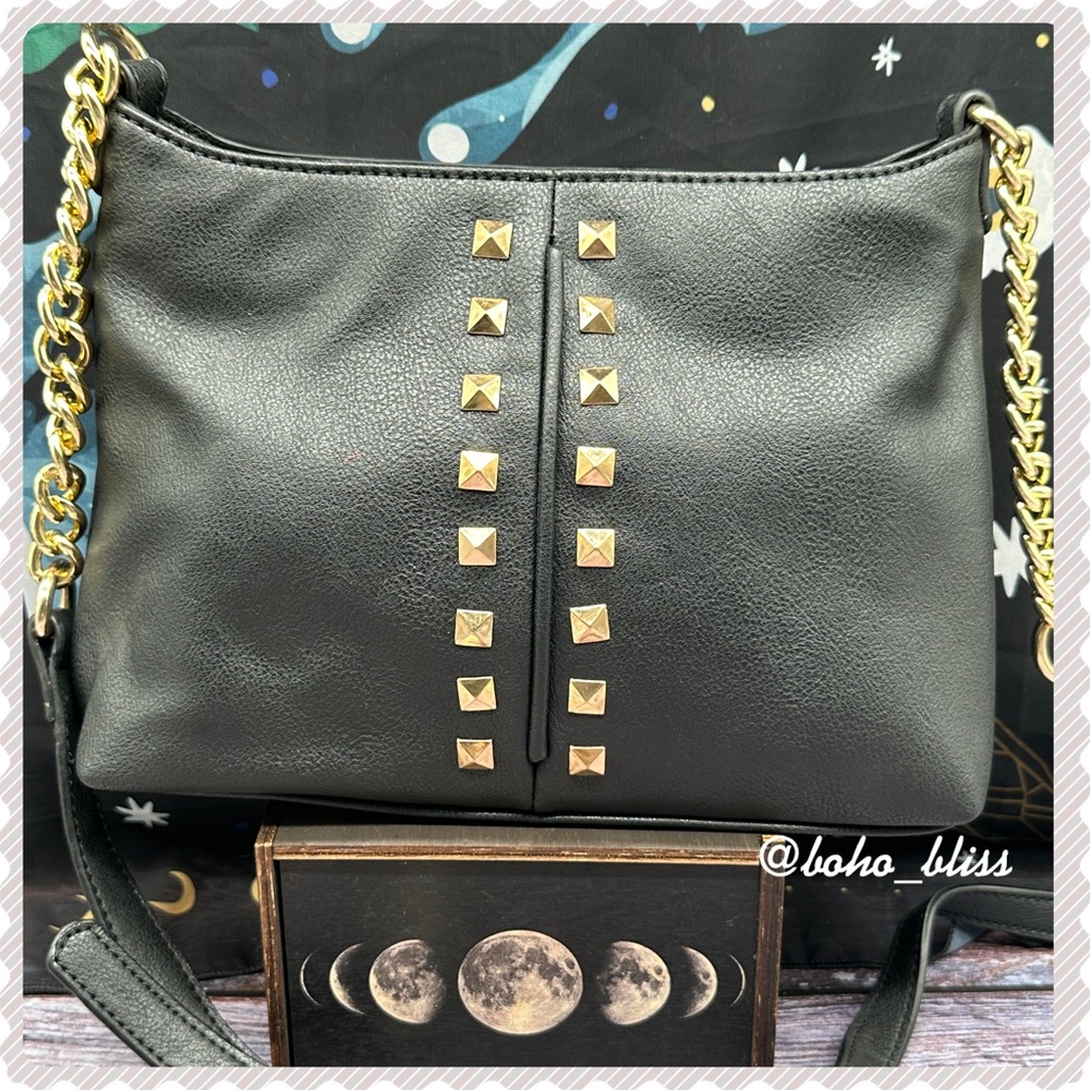 BEBE | Gold Studded Black Vegan Leather Shoulder Bag NWOT